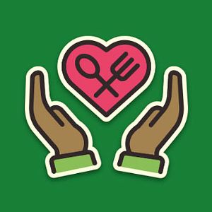 Icon for Good Food Collective landing page. Better for you brand icon. Two hands holding a heart with a fork and spoon inside.