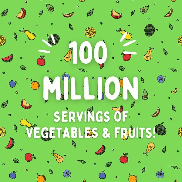 100 million servings graphic with green background
