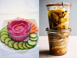 pickled apples with red beet hummus