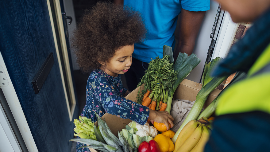 A child examines a box of produce