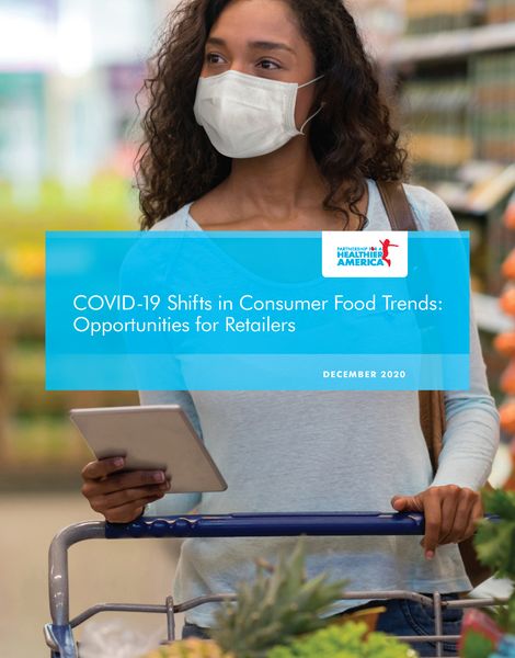 Cover of white paper for shifting retail environments, featuring a woman shopping for fruits and vegetables in grocery store while wearing surgical mask.