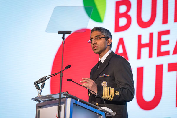 United States Surgeon General Vice Admiral (VADM) Vivek H. Murthy, MD, MBA pictured speaking at Partnership for a Healthier America's 2016 Building a Healthier Future Summit.