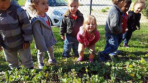 Image of children helping out in a garden at a KinderCare Education site. 
