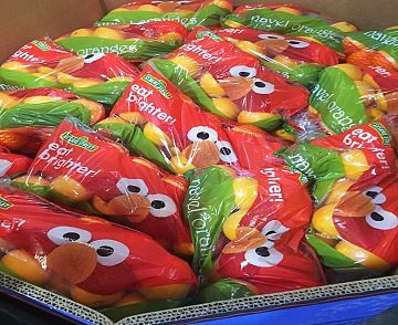Image of Elmo-branded produce for the eat brighter! Initiative. 