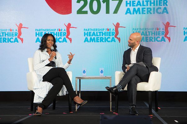 Former First Lady Michelle Obama, PHA Honorary Chair, and Sam Kass, Founder, TROVE, at Partnership for a Healthier America's 2017 Building a Healthier Future Summit. 