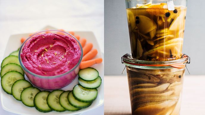 pickled apples with red beet hummus