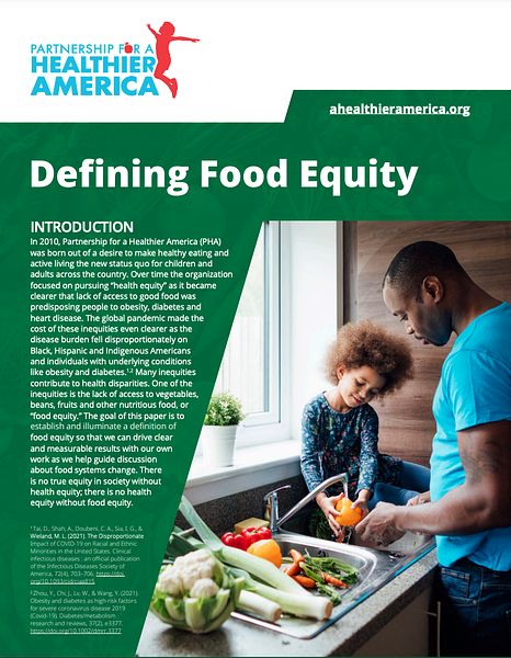 A cover image of PHA's Defining Food Equity Report